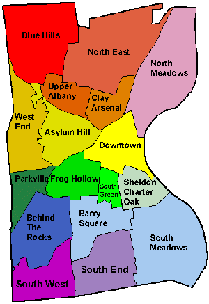 This is an interactive imagemap that links to the 17 neighborhoods in hartford. See same links below.