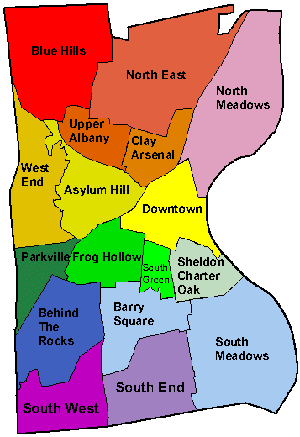 This is an interactive imagemap that links to the 17 neighborhoods in hartford.  See same links below. 